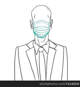 Hand drawn artistic illustration of an anonymous bald man in a business suit, wearing a medical mask, web profile doodle isolated on white