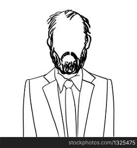 Hand drawn artistic illustration of an anonymous bald man with beard avatar, doodle isolated on white