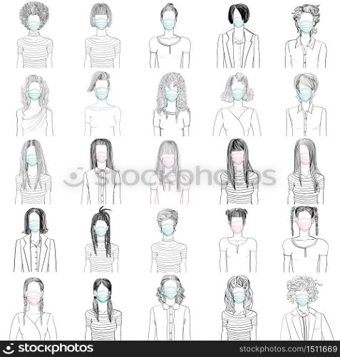 Hand drawn artistic illustrations of 25 anonymous avatars of a young women wearing medical mask, web profile doodles isolated on white