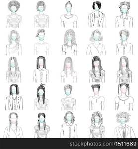 Hand drawn artistic illustrations of 25 anonymous avatars of a young women wearing medical mask, web profile doodles isolated on white