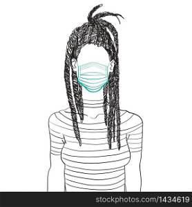 Hand drawn artistic sketch illustration of an anonymous avatar of a young woman with dreadlocks in a t-shirt, wearing a medical mask, web profile doodle isolated on white