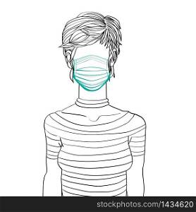 Hand drawn artistic sketch illustration of an anonymous avatar of a young woman with short hair in a t-shirt, wearing a mask, web profile doodle isolated on white