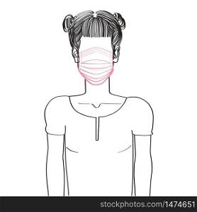 Hand drawn artistic sketch illustration of an anonymous avatar of a young woman with two buns on top of her head, in a shirt, wearing a medical mask, web profile doodle isolated on white