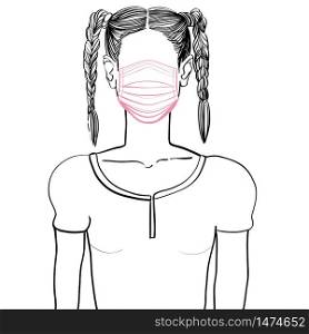 Hand drawn artistic sketch illustration of an anonymous avatar of a young woman with two braids on top of her head, in a shirt, wearing a medical mask, web profile doodle isolated on white