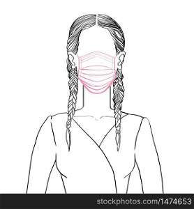 Hand drawn artistic sketch illustration of an anonymous avatar of a young woman with two braids, in a dress, wearing a medical mask, web profile doodle isolated on white