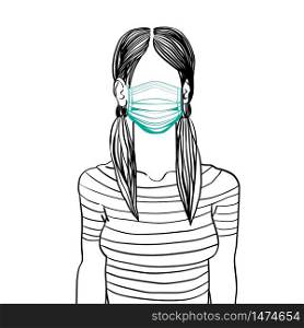 Hand drawn artistic sketch illustration of an anonymous avatar of a young woman with two tails, in a t-shirt, wearing a medical mask, web profile doodle isolated on white