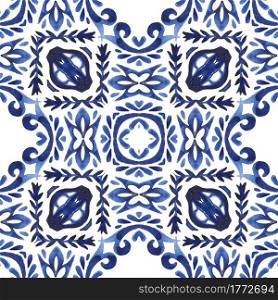 Hand-drawn blue and white tile seamless ornamental watercolor painted pattern. Portuguese ceramic tiles inspired.. Abstract blue and white hand drawn tile watercolor paint pattern.