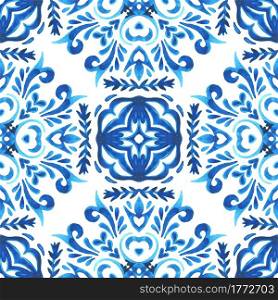Hand-drawn blue and white tile seamless ornamental watercolor painted pattern. Portuguese ceramic tiles inspired. Azulejo tile mediterranean.. Abstract hand drawn watercolor tile seamless ornamental pattern. Elegant mandala flower for fabric and wallpapers