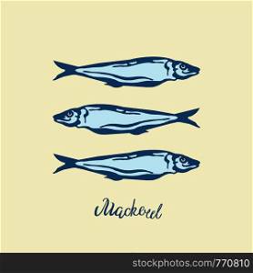 Hand Drawn blue color illustration group of Atlantic mackerel fish and lettering on yellow background.Design for print, wallpaper, card, menu, market
