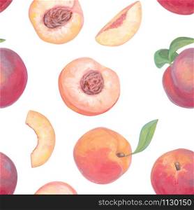 Hand drawn bright fruits seamless pattern. Realistic drawing with acrylic paint. Peach fruits, whole, leaves, cut and slice of peaches isolated on white. Botanical wallpapers. Organic food background.
