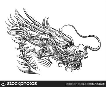 Hand drawn chineese dragon head. Hand drawn chineese dragon isolated on white background. Vector illustration