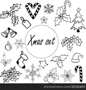 Hand-drawn christmas set with stars, sweets, bells, candles, holly, snowflakes and socks