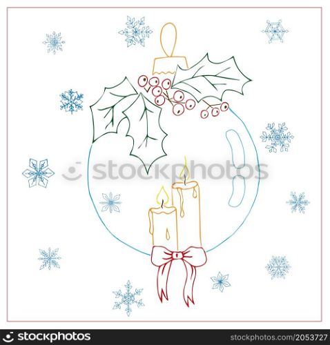 Hand drawn Christmas toy painted silhouette isolated on white with candles and holly
