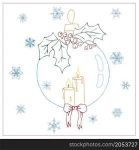 Hand drawn Christmas toy painted silhouette isolated on white with candles and holly