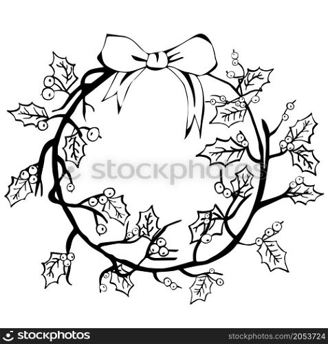 Hand drawn christmas wreath with holly on a white background