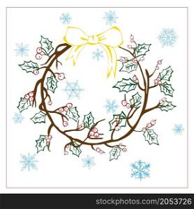 Hand drawn christmas wreath with holly on a white background