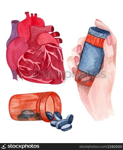 Hand drawn collection of elements of medical care. Watercolor set of heart diseases, pills, woman&rsquo;s hand holding pill box.. Watercolor set of heart diseases, pills, woman&rsquo;s hand holding pill box.