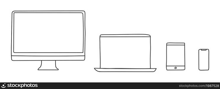 Hand-drawn computer, notebook, tablet and smartphone. Set of modern devices. Electronic gadgets. Vector illustration