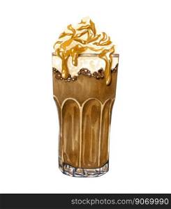 Hand drawn cup of coffee latte. Watercolor caramel frappe illustration. Hand drawn cup of coffee latte. Watercolor caramel frappe illustration.