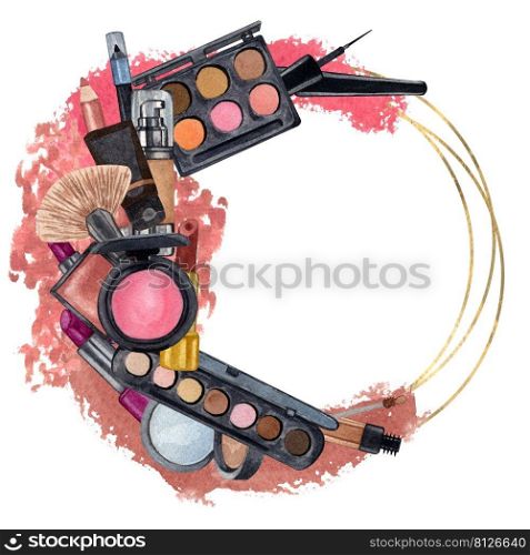 Hand drawn decorative cosmetics frame. Watercolor make up products. Beauty background. Make up clip art. Hand drawn decorative cosmetics frame. Watercolor make up products. Beauty background. Make up clip art.