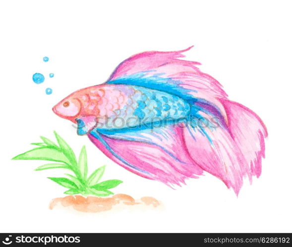 Hand drawn decorative watercolor pink aquarium fish