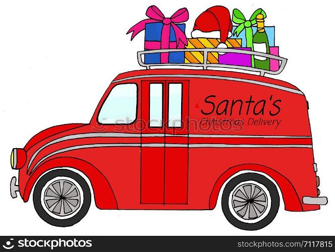 Hand drawn delivery truck with christmas gifts on roof