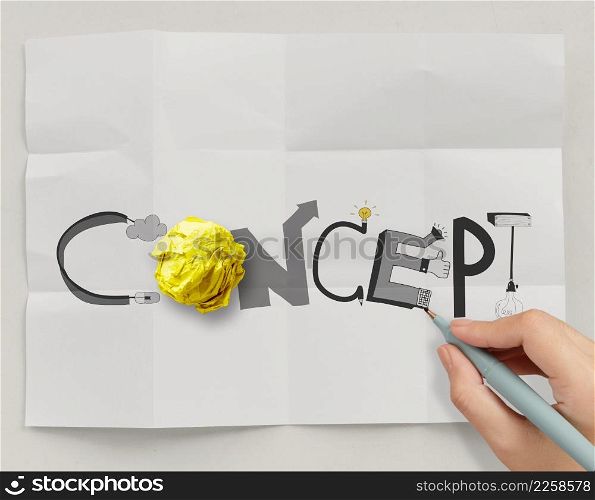 hand drawn design word CONCEPT with crumpled paper ball on paper background as creative concept