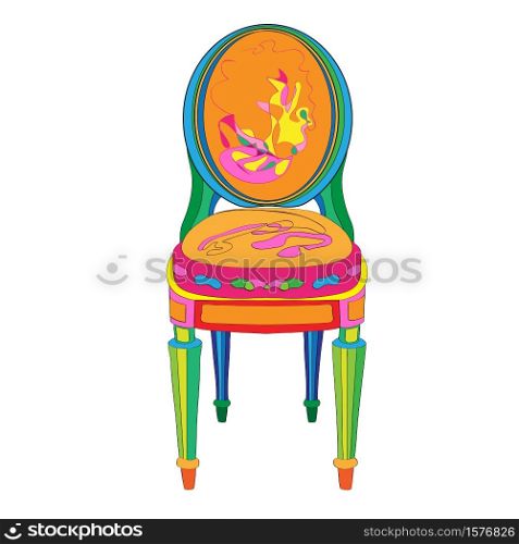 Hand drawn doodle illustration of a postmodern multicolored classical revival chair, object isolated on white, Ludovic XVI hystorical furniture style