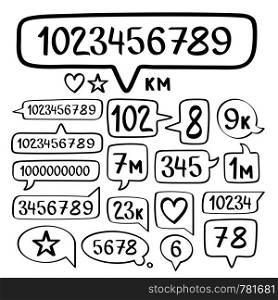 Hand drawn doodle speech bubbles set and social counter with numbers. Vector illustration.
