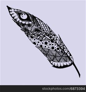 Hand drawn doodle zentangle feather isolated from background. Black illustration with different ornaments.. Hand drawn doodle zentangle feather isolated from background. Black and white illustration.