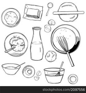 Hand-drawn dough set. Dough ingredients. Vector sketch illustration. . Dough ingredients. Sketch illustration.
