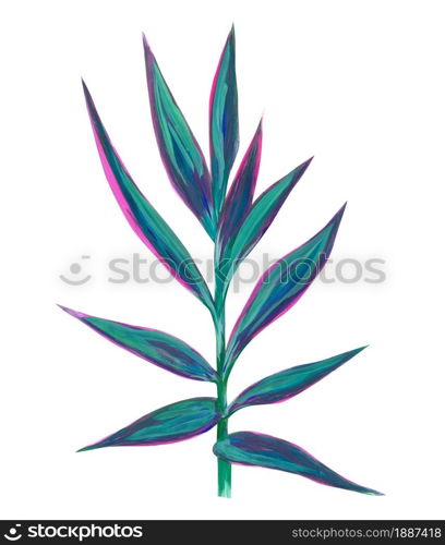 Hand drawn drawing of a branch with blue leaves isolated on white background - raster illustration. realistic drawing of a plant with blue pink leaves