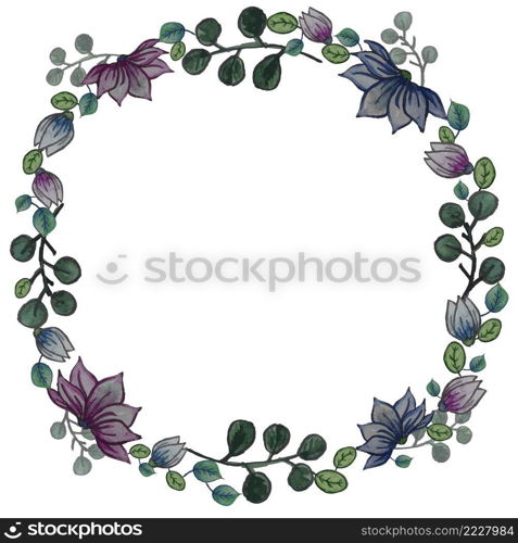 Hand drawn flower wreath.Vector frame. Floral graphic design. Watercolors and marker.