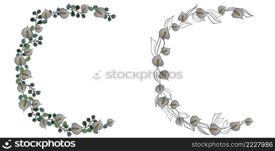 Hand drawn flower wreath.Vector frame. Floral graphic design. Watercolors and marker.