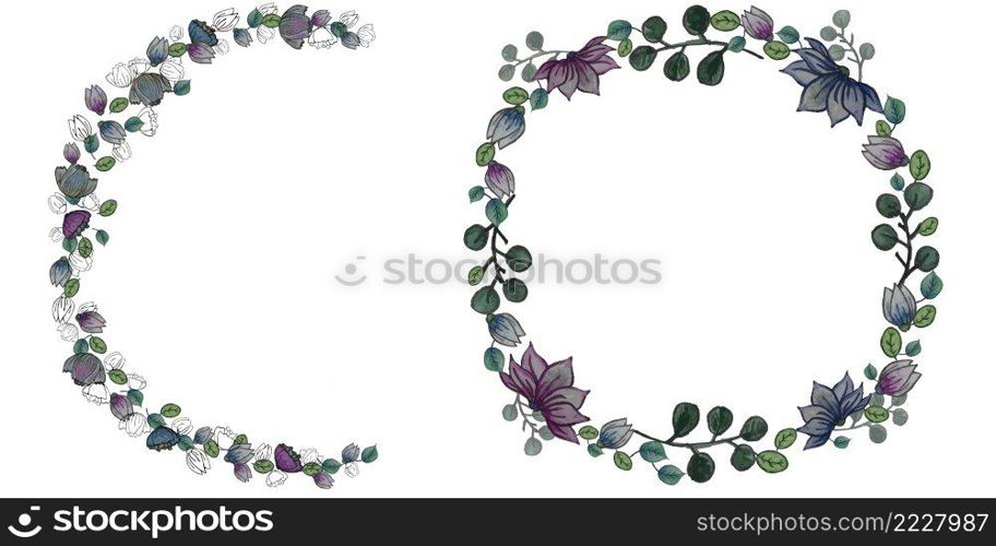 Hand drawn flower wreath.Vector frame. Floral graphic design. Watercolors and marker.