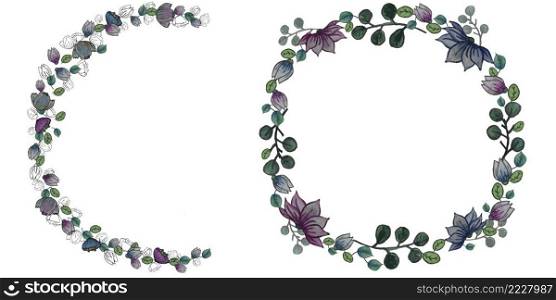 Hand drawn flower wreath.Vector frame. Floral graphic design. Watercolors and marker.