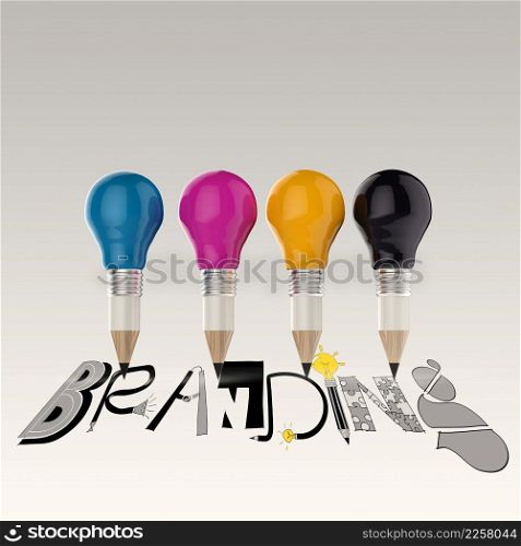 hand drawn graphic word cmyk and 3d cmyk pencil light bulb as concept