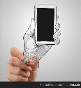 Hand drawn hands with mobile phone as concept