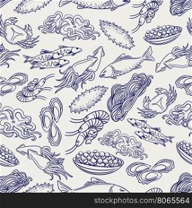 Hand drawn healthy seafood seamless pattern. Ball pen drawing background, vector illustration
