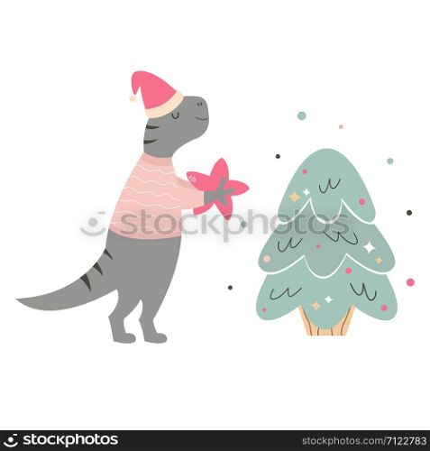 Hand drawn holiday T rex decorating Christmas tree. Festive print, illustration. Hand drawn holiday T rex decorating Christmas tree