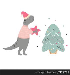 Hand drawn holiday T rex decorating Christmas tree. Festive print, illustration. Hand drawn holiday T rex decorating Christmas tree