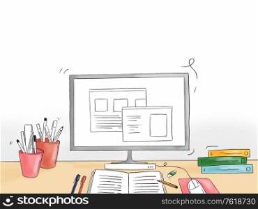 Hand drawn illustration of a computer desk with statinery and school objects - Back to School from Home