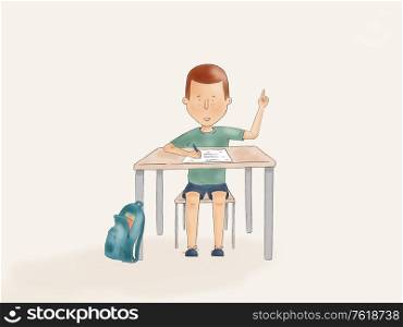 Hand drawn illustration of a kid pointing up on a school desk - Back to School