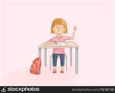 Hand drawn illustration of a kid pointing up on a school desk - Back to School