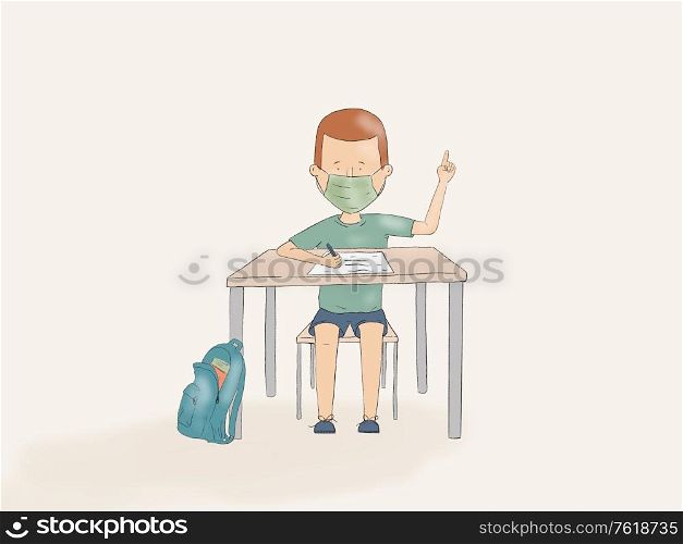 Hand drawn illustration of a kid using face mask pointing up on a school desk - Back to School after coronavirus
