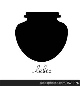Hand drawn illustration of a lebes, greek antique vessel silhouette isolated on white, cartoon style graphics with text