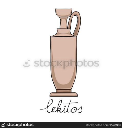 Hand drawn illustration of a lekitos, greek antique vessel isolated on white, cartoon style graphics