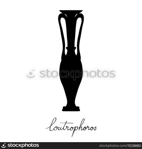 Hand drawn illustration of a loutrophoros, greek antique vessel silhouette isolated on white, cartoon style graphics with text