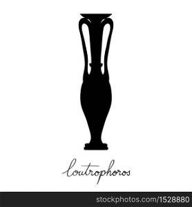 Hand drawn illustration of a loutrophoros, greek antique vessel silhouette isolated on white, cartoon style graphics with text