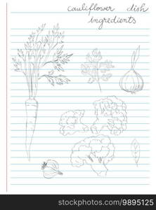 Hand drawn illustration of a recipe ingeredients for a cauliflower dish, doodles and handwritten text over an agenda page